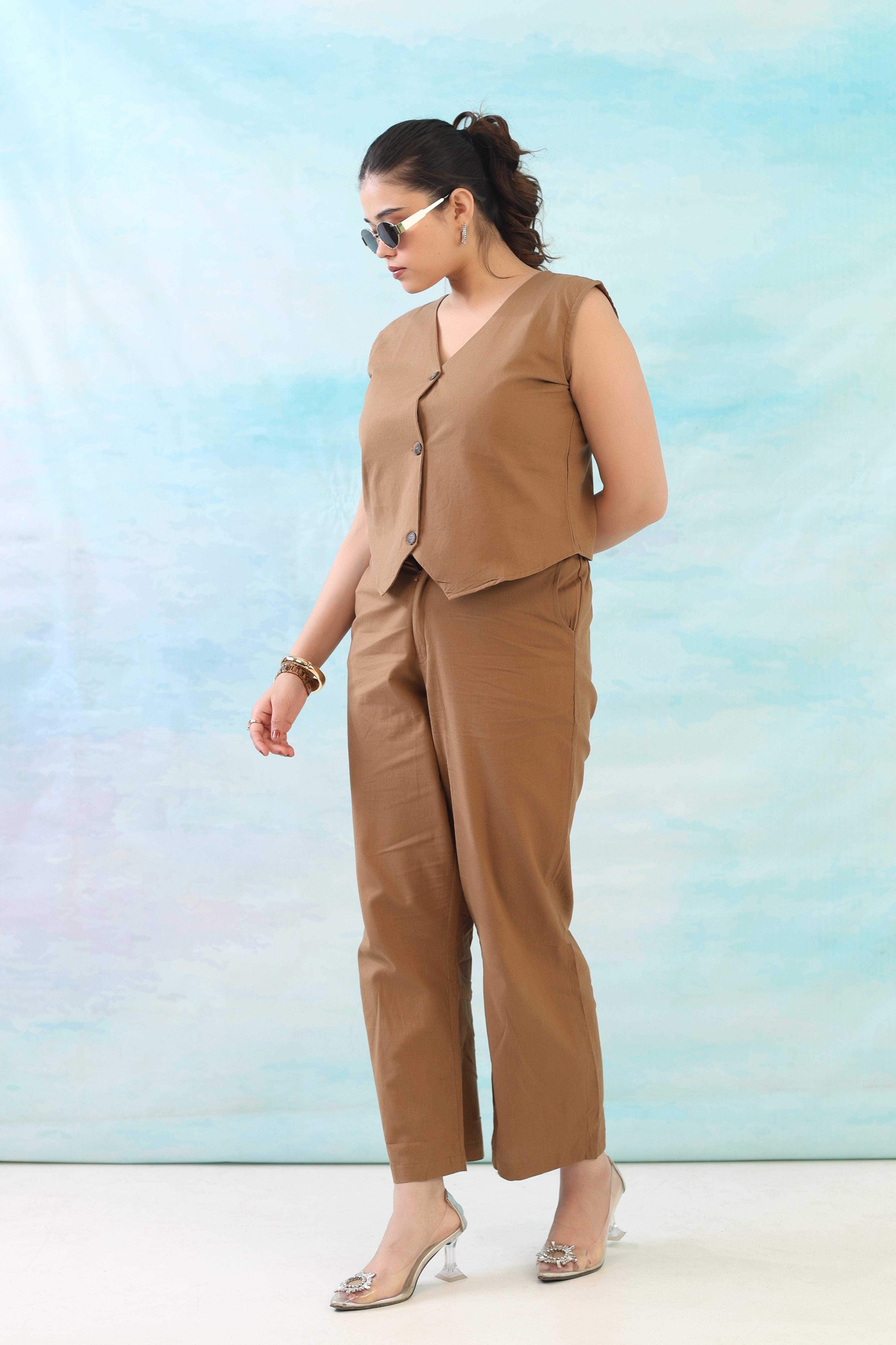 Mocha Brown Cotton Linen Waist Coat