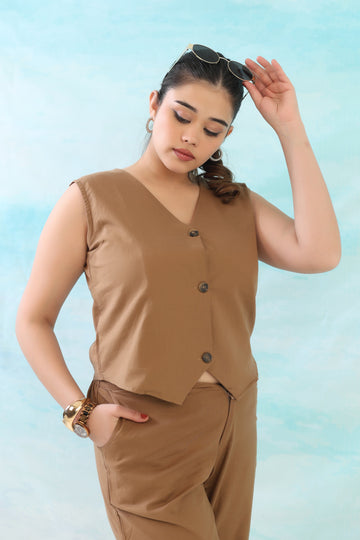 Mocha Brown Cotton Linen Waist Coat