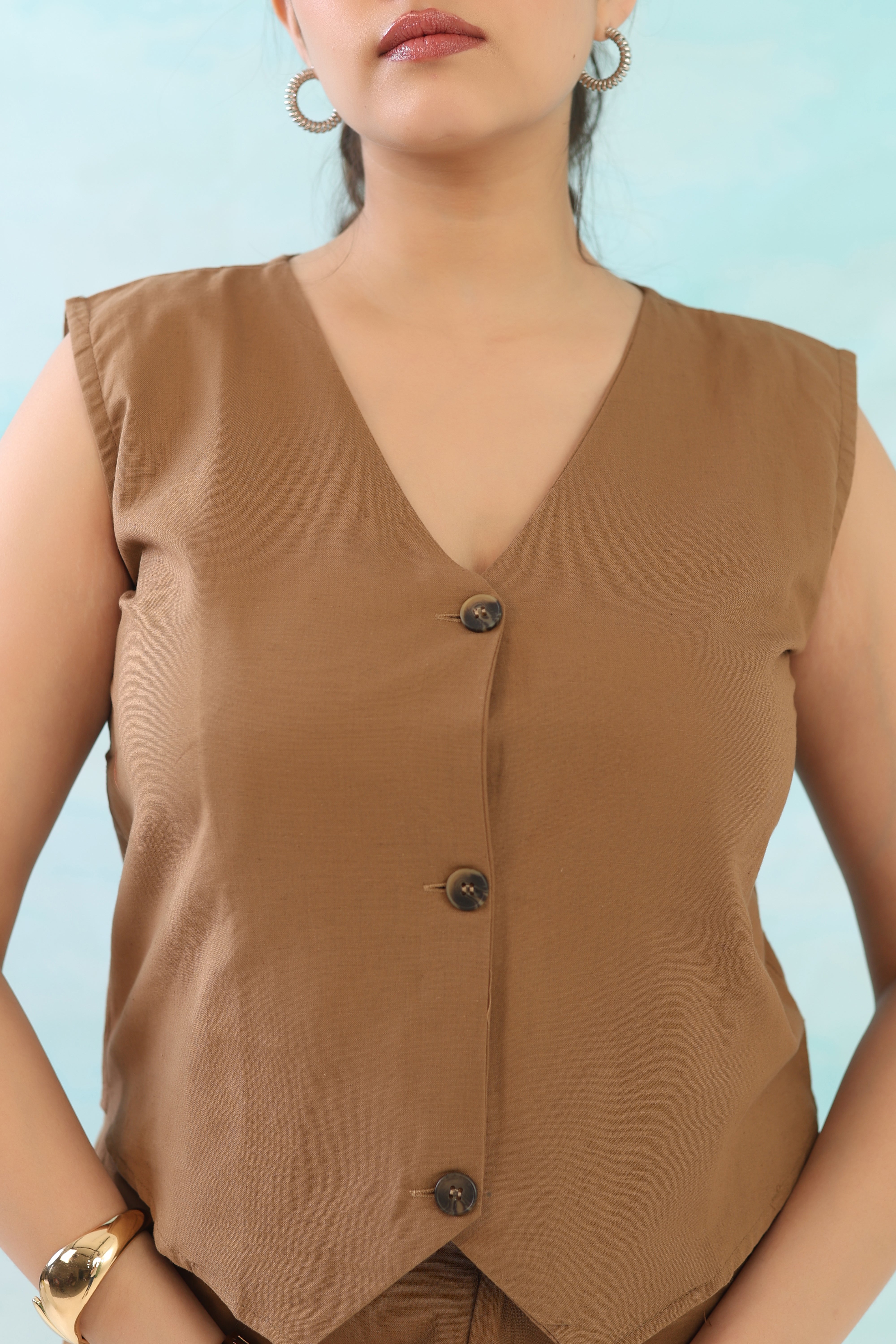 Mocha Brown Cotton Linen Waist Coat