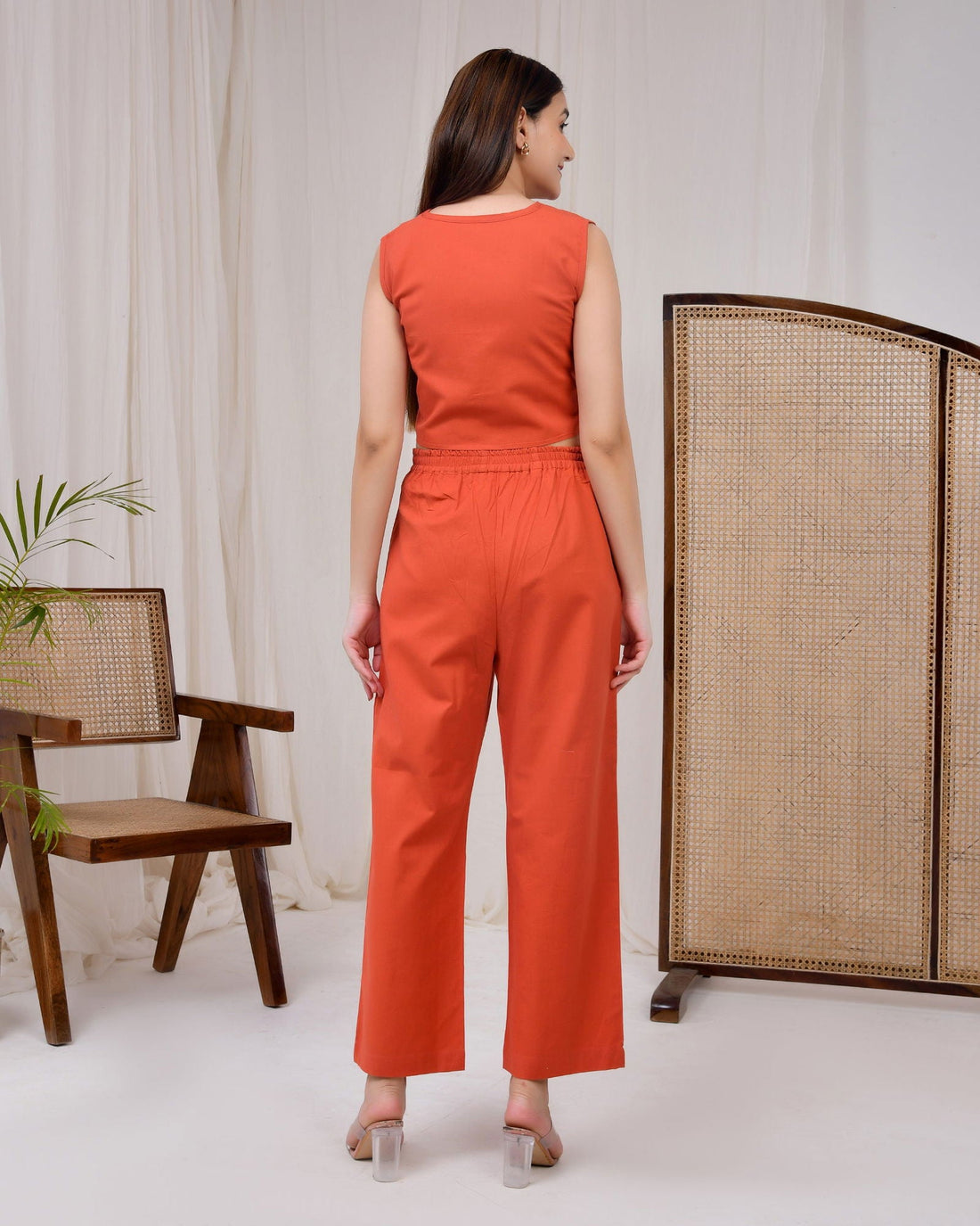 Rust Orange Cotton Linen Waist Coat - Rust Orange Cotton Linen Waist Coat - Palla Jaipur - Palla Jaipur