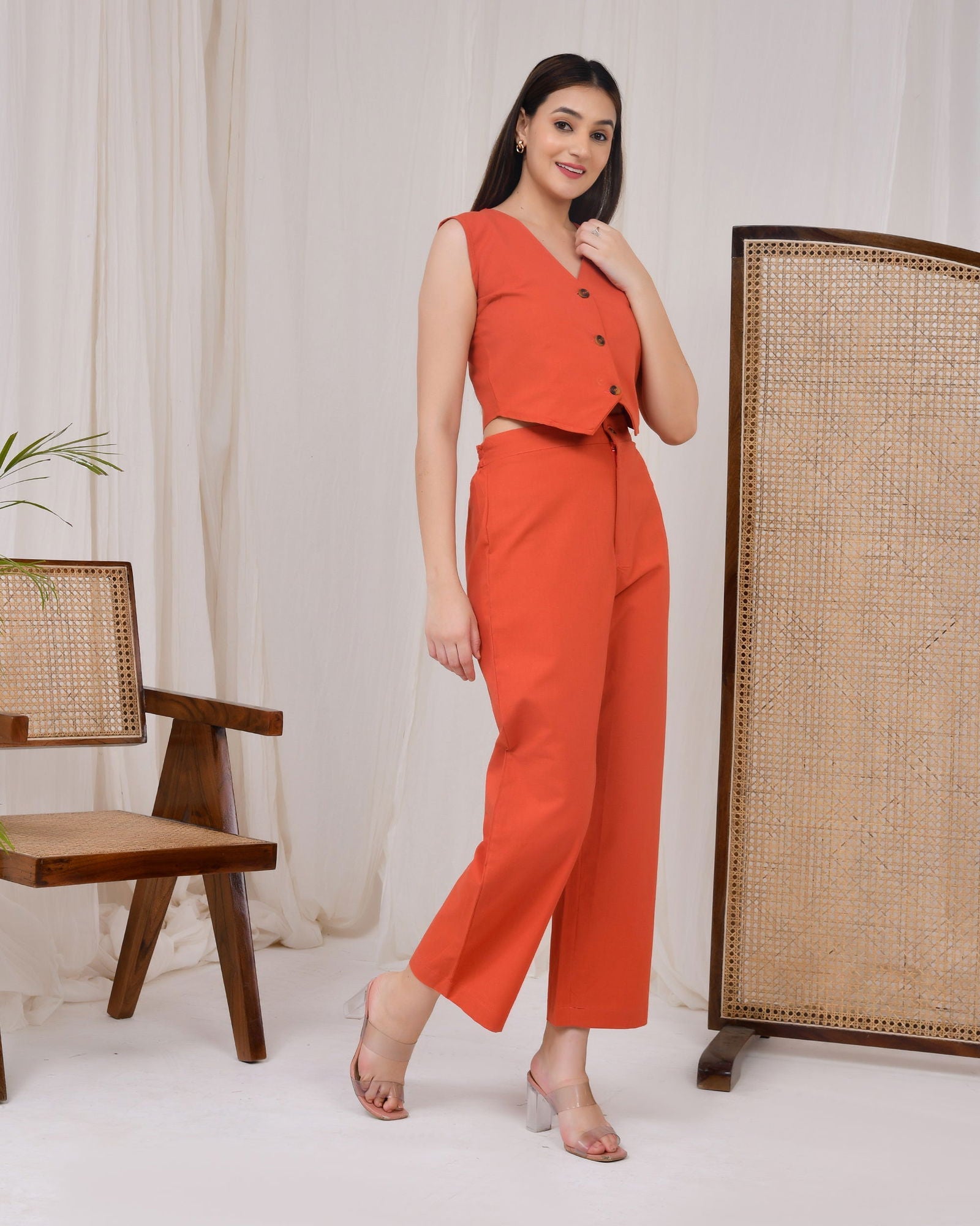 Rust Orange Cotton Linen Waist Coat - Rust Orange Cotton Linen Waist Coat - Palla Jaipur - Palla Jaipur