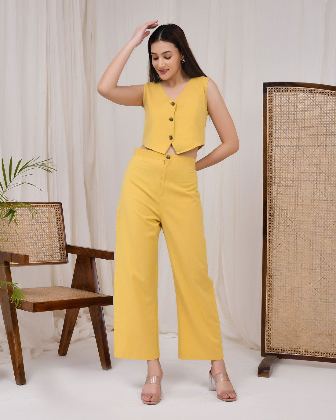 Sunshine Yellow Cotton Linen Waist Coat - Sunshine Yellow Cotton Linen Waist Coat - Palla Jaipur - Palla Jaipur