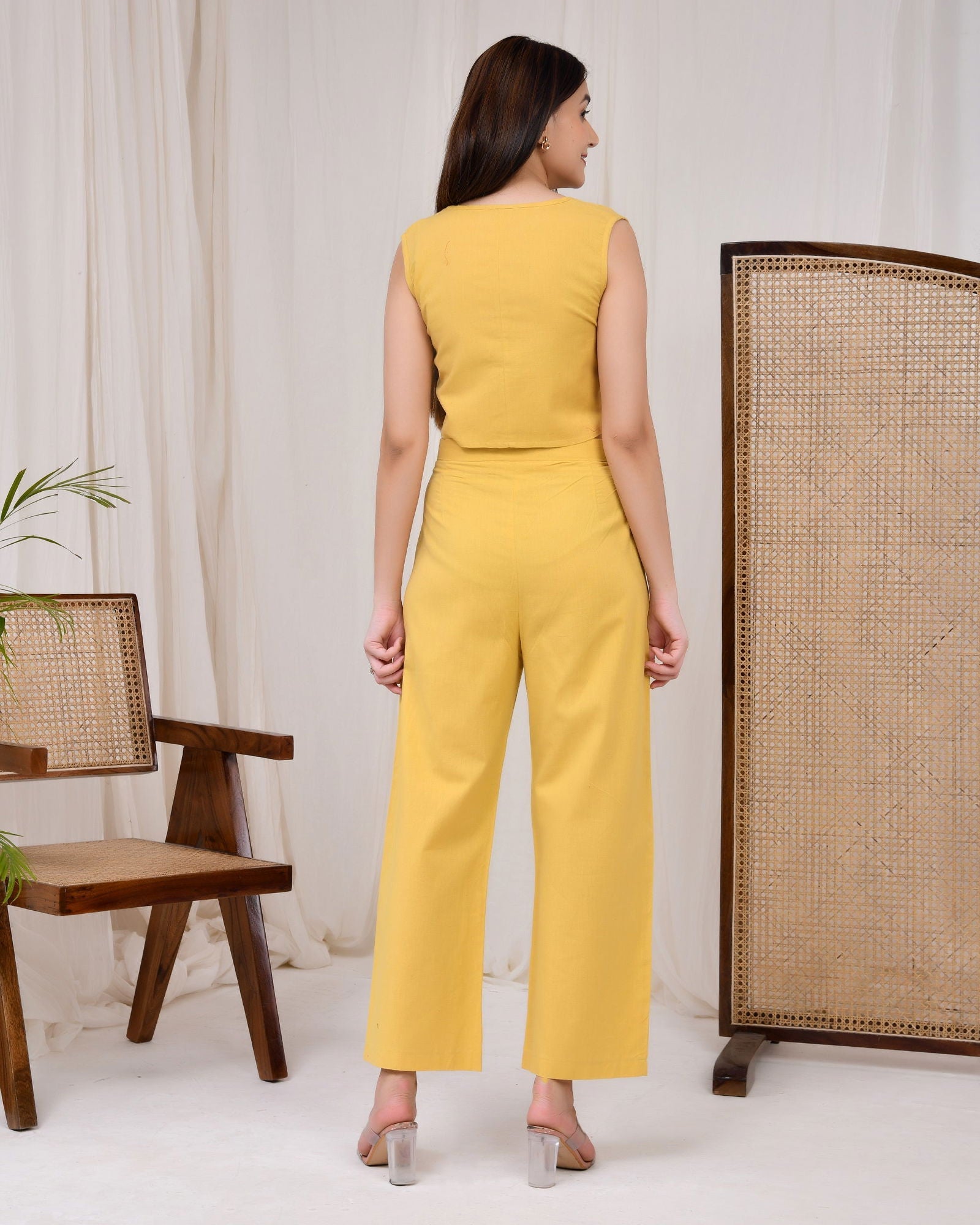Sunshine Yellow Cotton Linen Waist Coat - Sunshine Yellow Cotton Linen Waist Coat - Palla Jaipur - Palla Jaipur